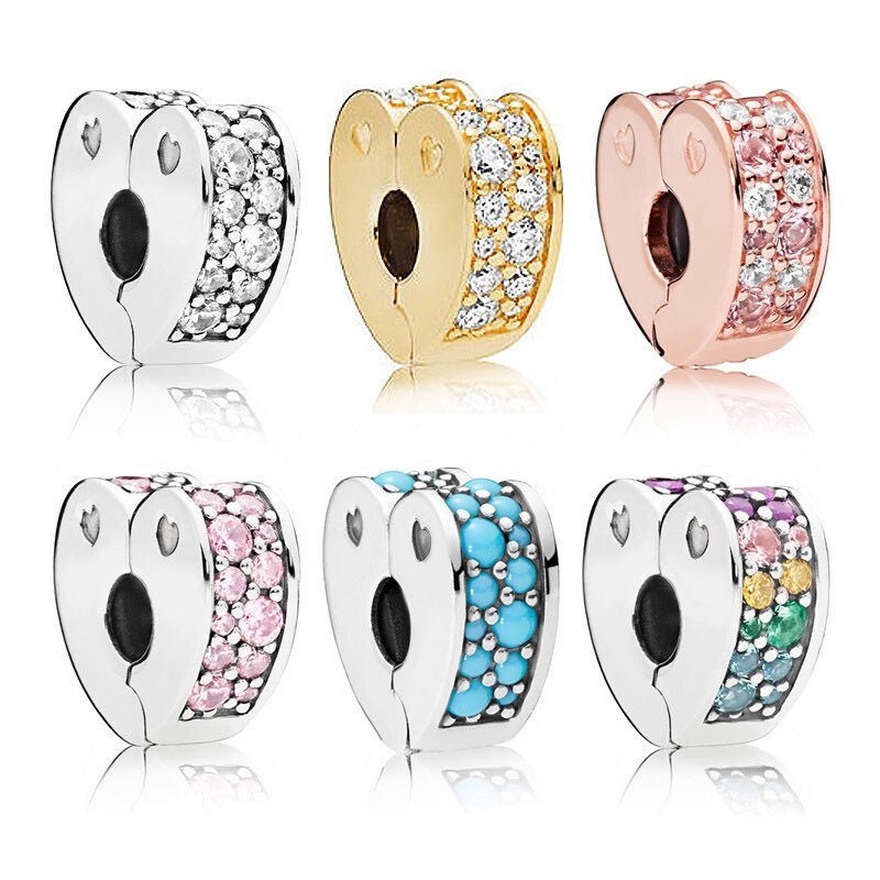 S925 Heart Clip Stopper Pink Clear Multicolour Sterling Silver Charms Collection