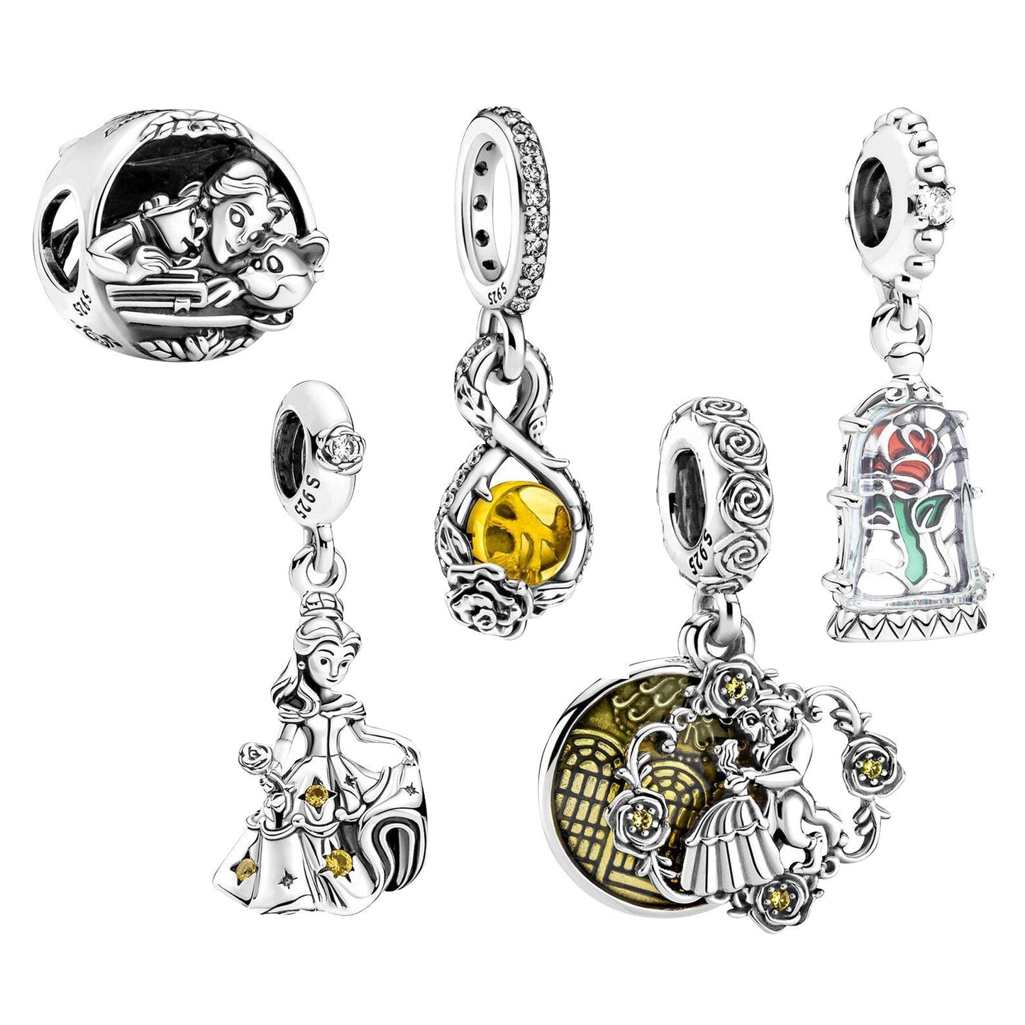 S925 Disney Beauty & Beast Dancing Belle Enchanted Rose Princess Sterling Silver Charm Collection