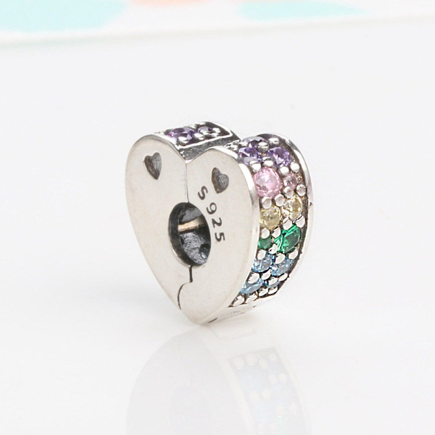 S925 Heart Clip Stopper Pink Clear Multicolour Sterling Silver Charms Collection
