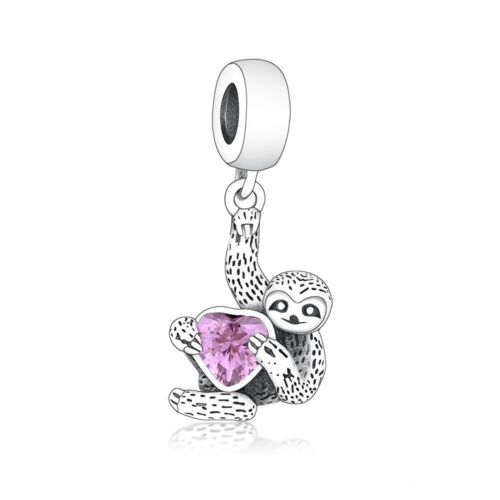 Hanging Sloth with Pink Heart Zircon Pendant Charm Hallmarked S925 Sterling Silver