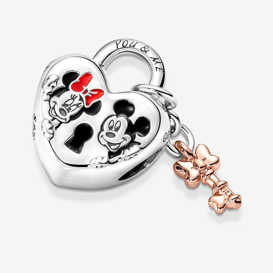 Disney Mickey Mouse & Minnie Mouse Heart Padlock Charm Hallmarked S925 Sterling Silver