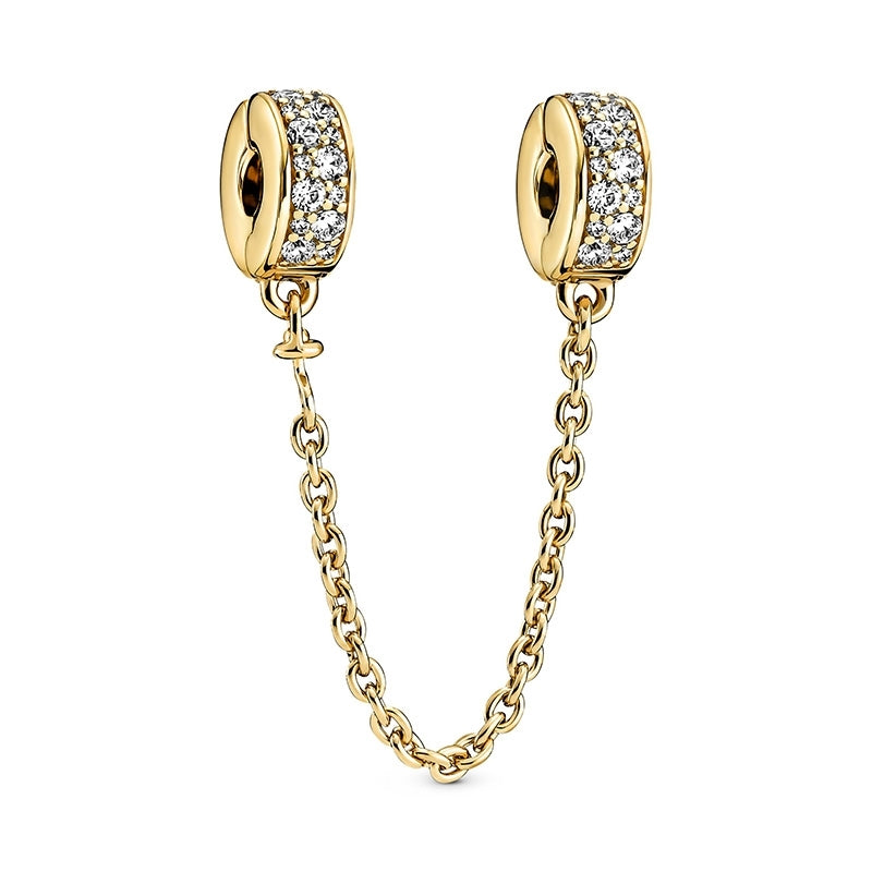 Clear Pave Golden Safety Chain Charm Hallmarked S925 Sterling Silver