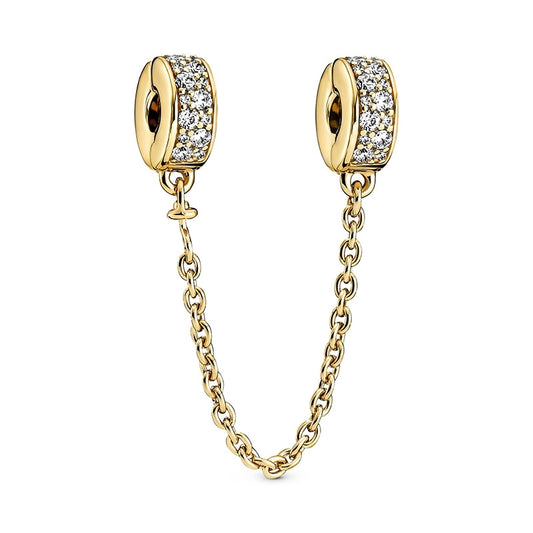 Clear Pave Golden Safety Chain Charm Hallmarked S925 Sterling Silver