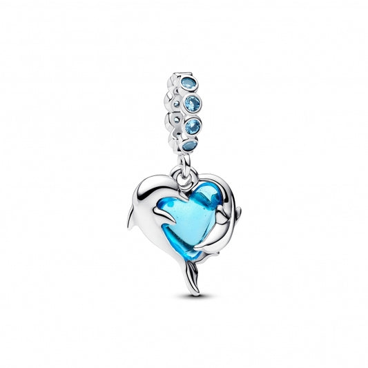 Blue Murano Glass Dolphins Dangle Charm Hallmarked S925 Sterling Silver