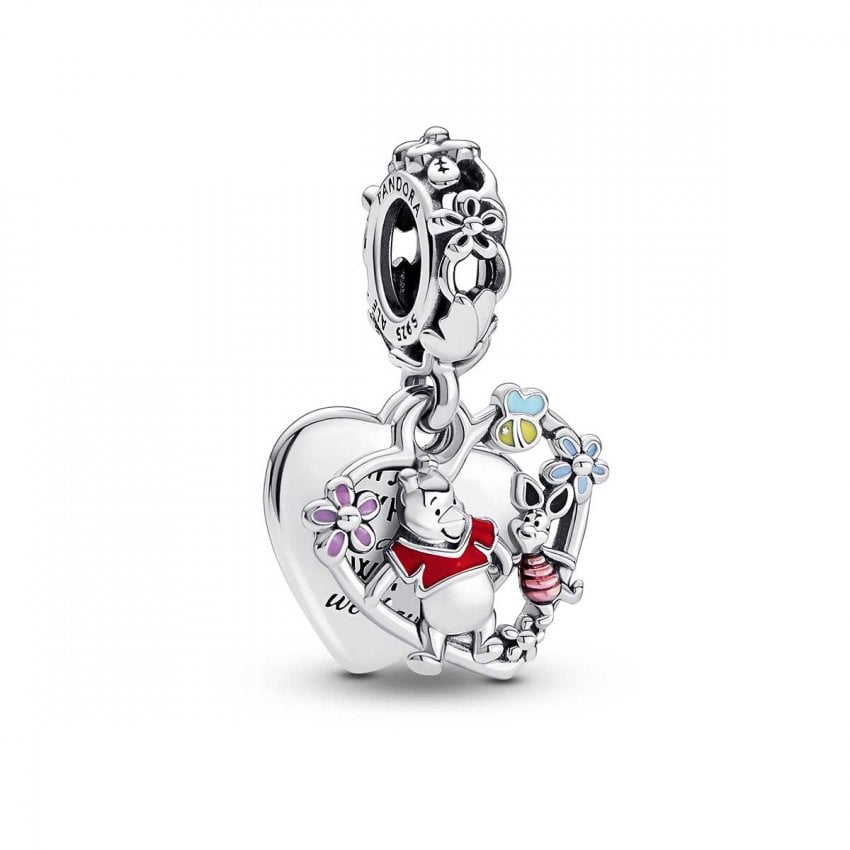 Disney Winnie the Pooh & Piglet Heart Double Dangle Charm Hallmarked S925 Sterling Silver