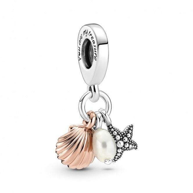 Freshwater Cultured Pearl, Starfish & Shell Triple Dangle Charm Hallmarked S925 Sterling Silver