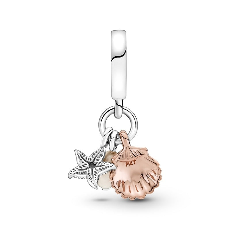 Freshwater Cultured Pearl, Starfish & Shell Triple Dangle Charm Hallmarked S925 Sterling Silver