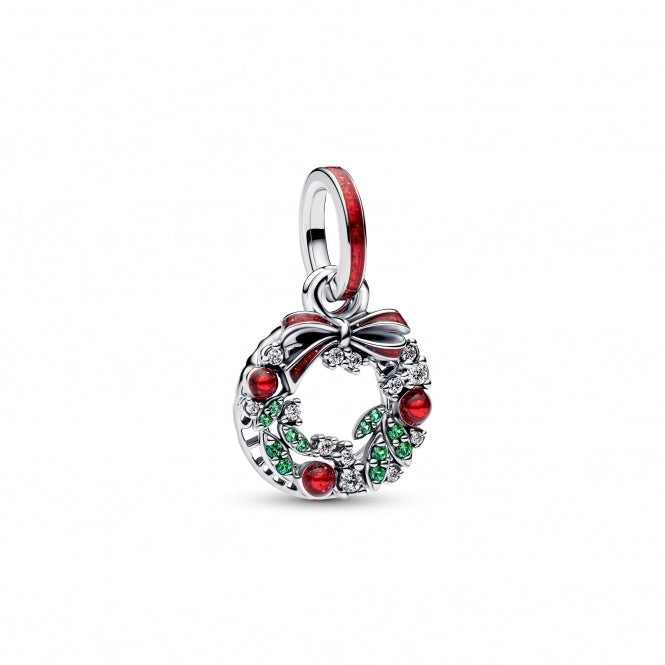 Holiday Wreath Double Dangle Charm Hallmarked S925 Sterling Silver