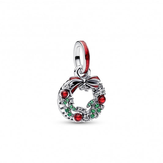 Holiday Wreath Double Dangle Charm Hallmarked S925 Sterling Silver