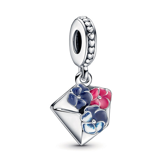 Pansy Flower Envelope Dangle Charm Hallmarked S925 Sterling Silver