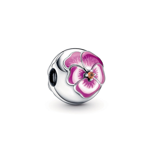Pink Pansy Flower Clip Charm Hallmarked S925 Sterling Silver