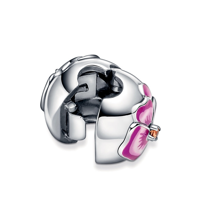 Pink Pansy Flower Clip Charm Hallmarked S925 Sterling Silver