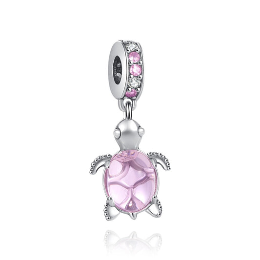 Pink Murano Turtle Dangle Charm Hallmarked S925 Sterling Silver