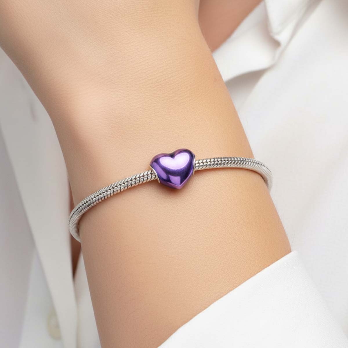 Metallic Purple Heart Charm Hallmarked S925 Sterling Silver