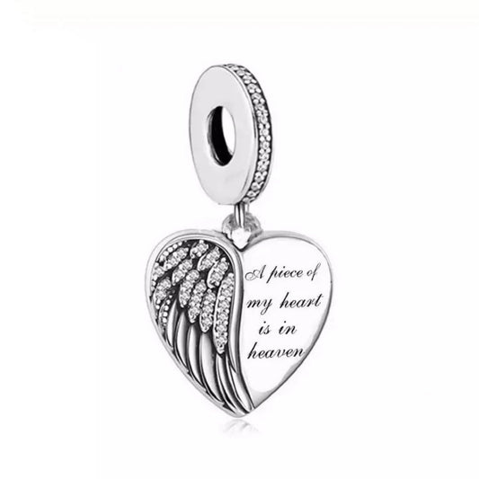 Remembrance Angel Wing Heart Charm Hallmarked S925 Sterling Silver