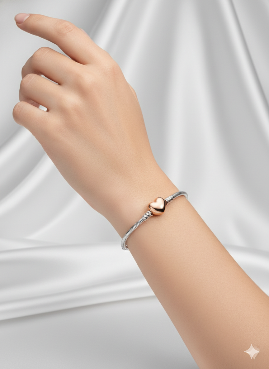 Rose Gold Heart & Snake Chain Charm Bracelet