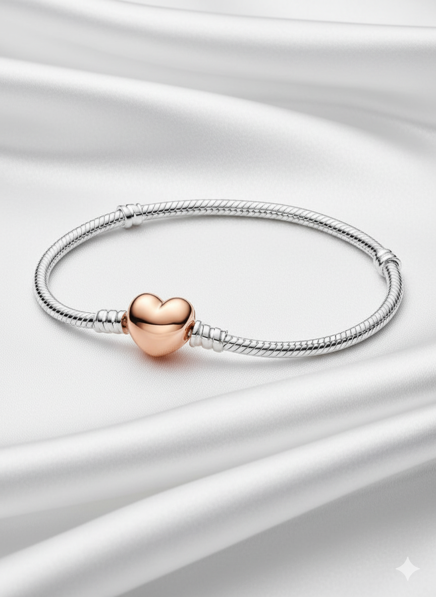 Rose Gold Heart & Snake Chain Charm Bracelet
