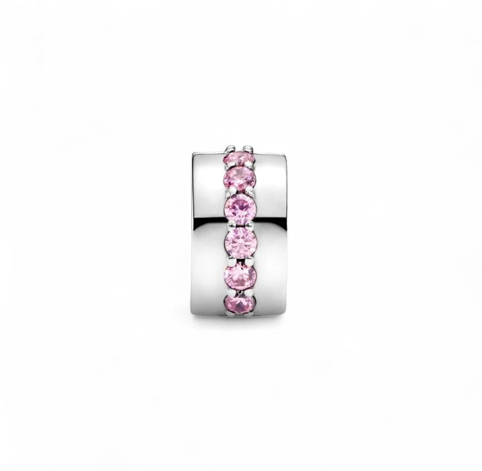Pink Sparkling Row Clip Charm Hallmarked S925 Sterling Silver