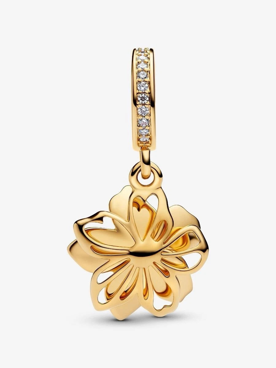 Gold & Blue Cherry Blossom Dangle Charm Hallmarked S925 Sterling Silver