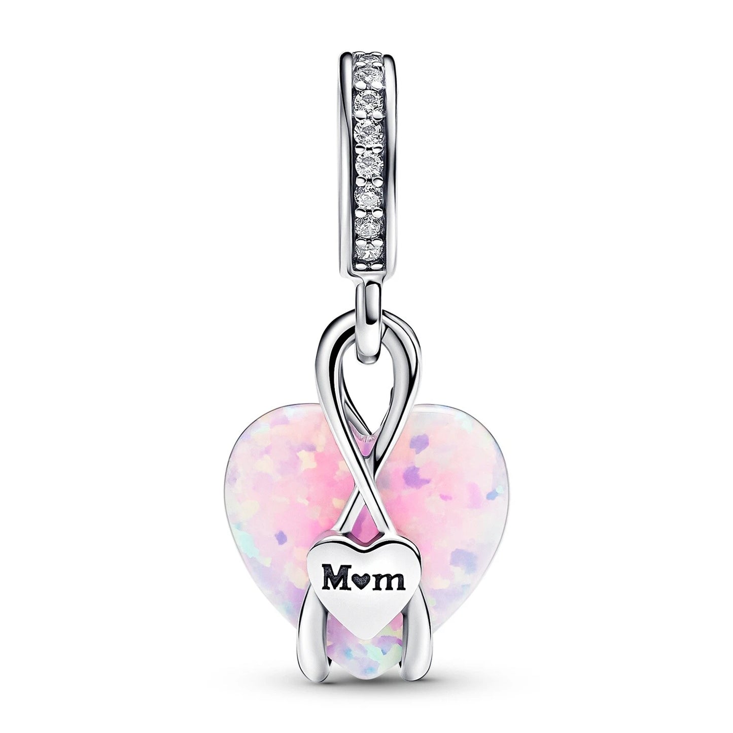 Mum Opalescent Heart Dangle Charm Hallmarked S925 Sterling Silver