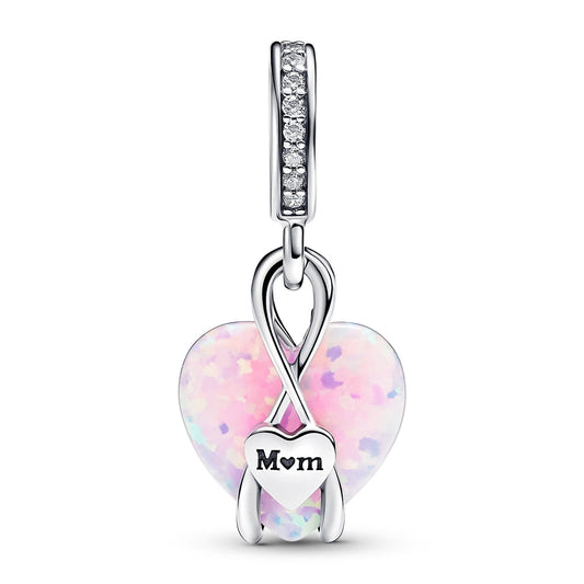 Mum Opalescent Heart Dangle Charm Hallmarked S925 Sterling Silver