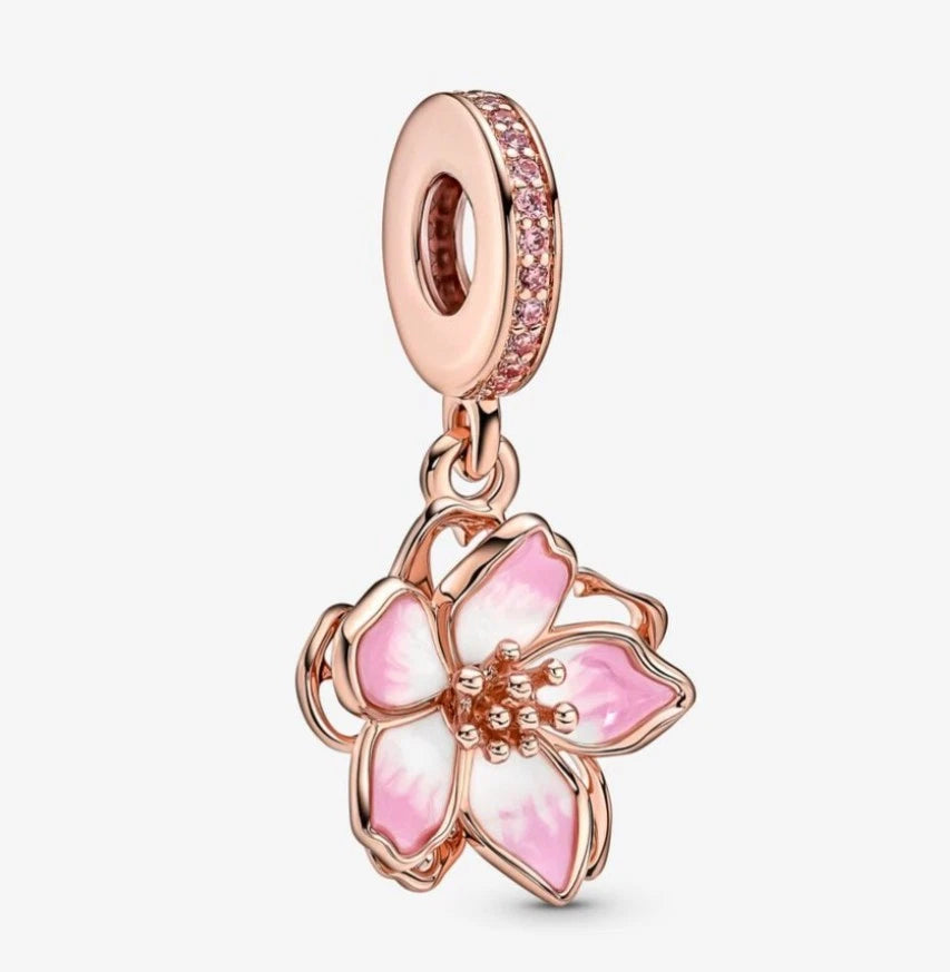 Rose Gold Cherry Blossom Dangle Charm Hallmarked S925 Sterling Silver