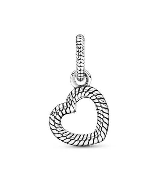 Snake Chain Pattern Open Heart Dangle Charm S925 Hallmarked Compatible Sterling Silver Charm