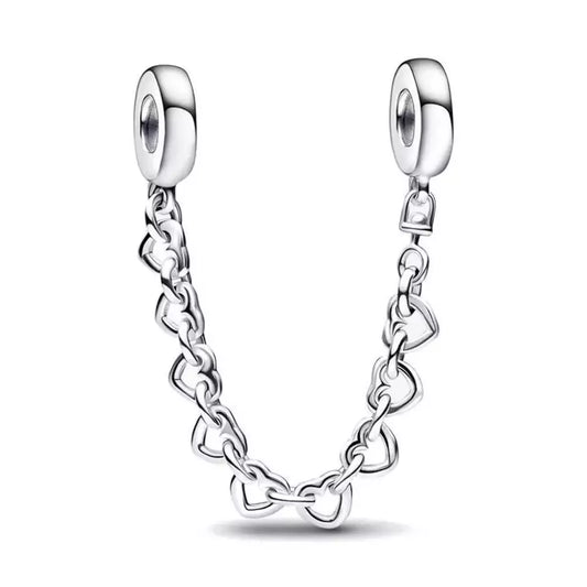 Linked Hearts Safety Chain Charm Hallmarked S925 Sterling Silver