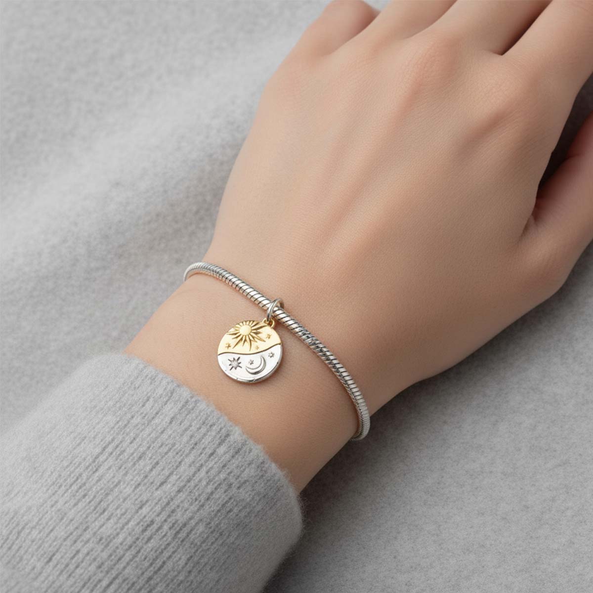 Sun and Moon Medallion Charm Hallmarked S925 Sterling Silver