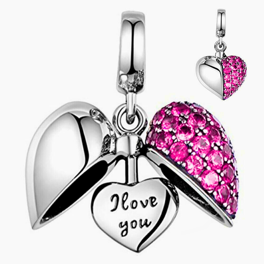 Pink Fuchsia Crystal Heart I Love You Dangle Charm Hallmarked S925 Sterling Silver