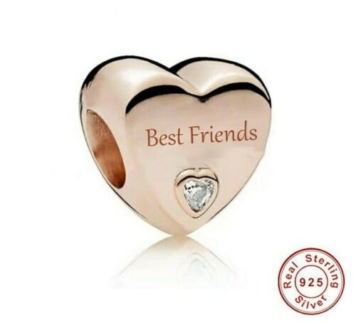 Rose Gold Best Friends Heart Charm Hallmarked S925 Sterling Silver