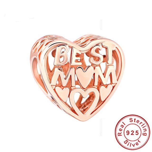 Rose Gold Best Mom Heart Charm Hallmarked S925 Sterling Silver