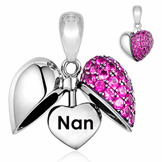 Pink Fuchsia Crystal Heart Nan Dangle Charm Hallmarked S925 Sterling Silver