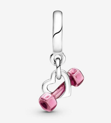 Dumbbell & Heart Dangle Charm S925 Hallmarked Compatible Sterling Silver Charm