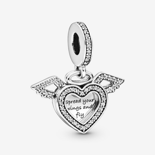 Heart & Angel Wings Dangle Charm S925 Hallmarked Compatible Sterling Silver Charm