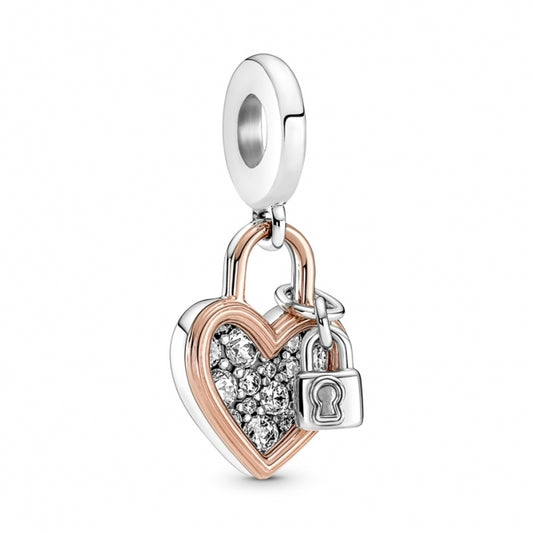 Heart Padlock Double Dangle S925 Sterling Silver Charm