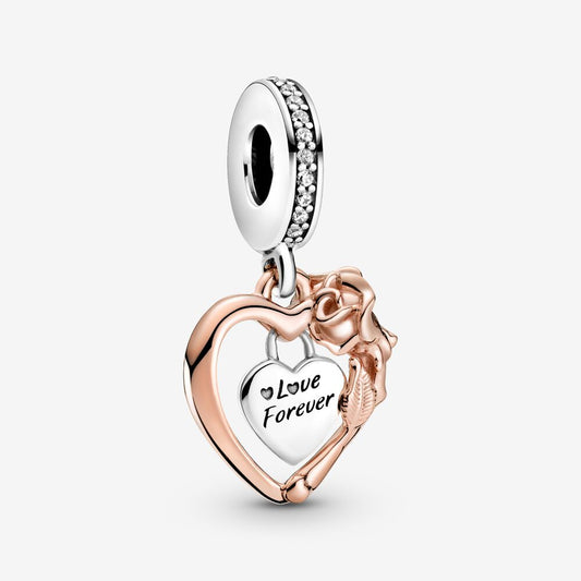 Heart & Rose Flower Dangle Charm S925 Hallmarked Compatible Sterling Silver Charm