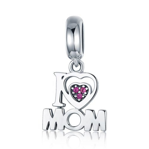 I Love Mom Heart Dangle Charm Hallmarked S925 Sterling Silver