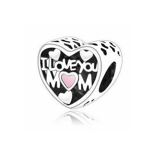 I Love You Mom Pink Enamel Heart Charm Hallmarked S925 Sterling Silver