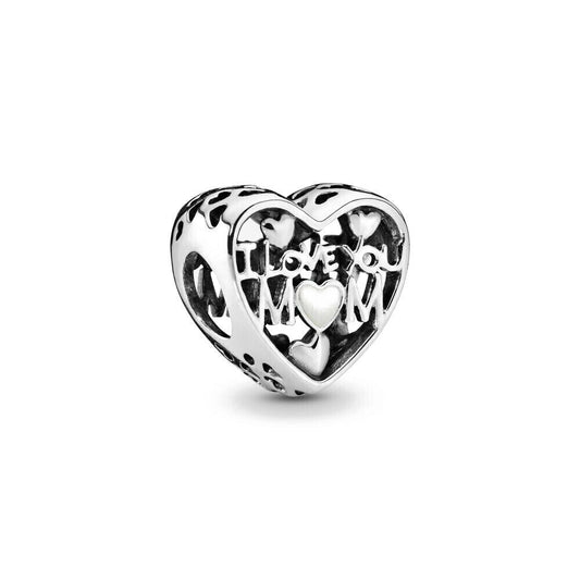 I Love You Mom White Enamel Heart Charm Hallmarked S925 Sterling Silver