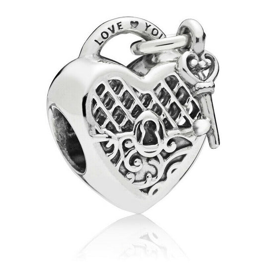 Key & Lock Heart Charm Hallmarked S925 Sterling Silver