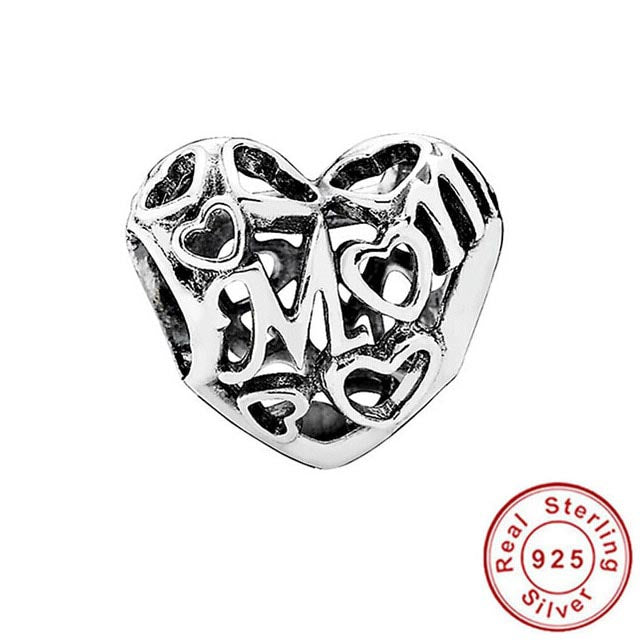 Openwork Mom Heart Charm Hallmarked S925 Sterling Silver