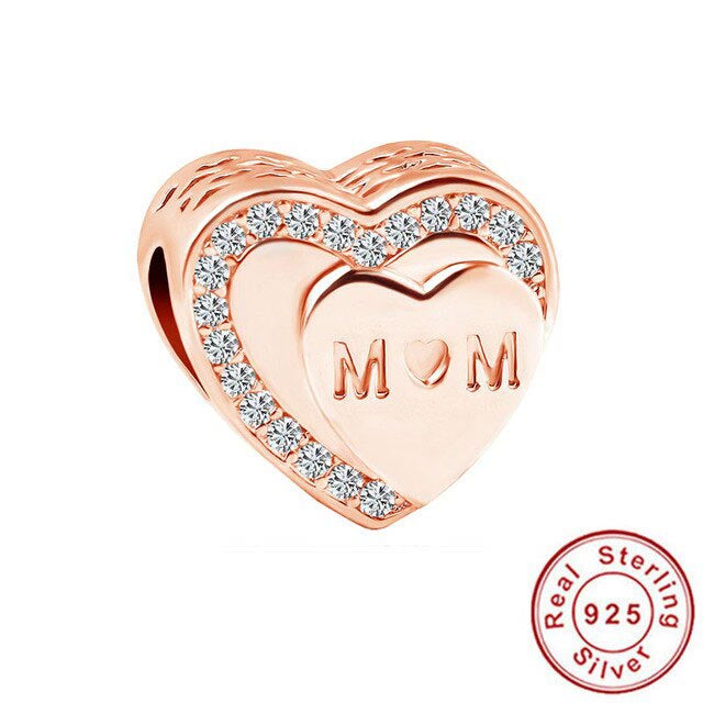 Rose Gold Sparkling Mom Heart Charm Hallmarked S925 Sterling Silver