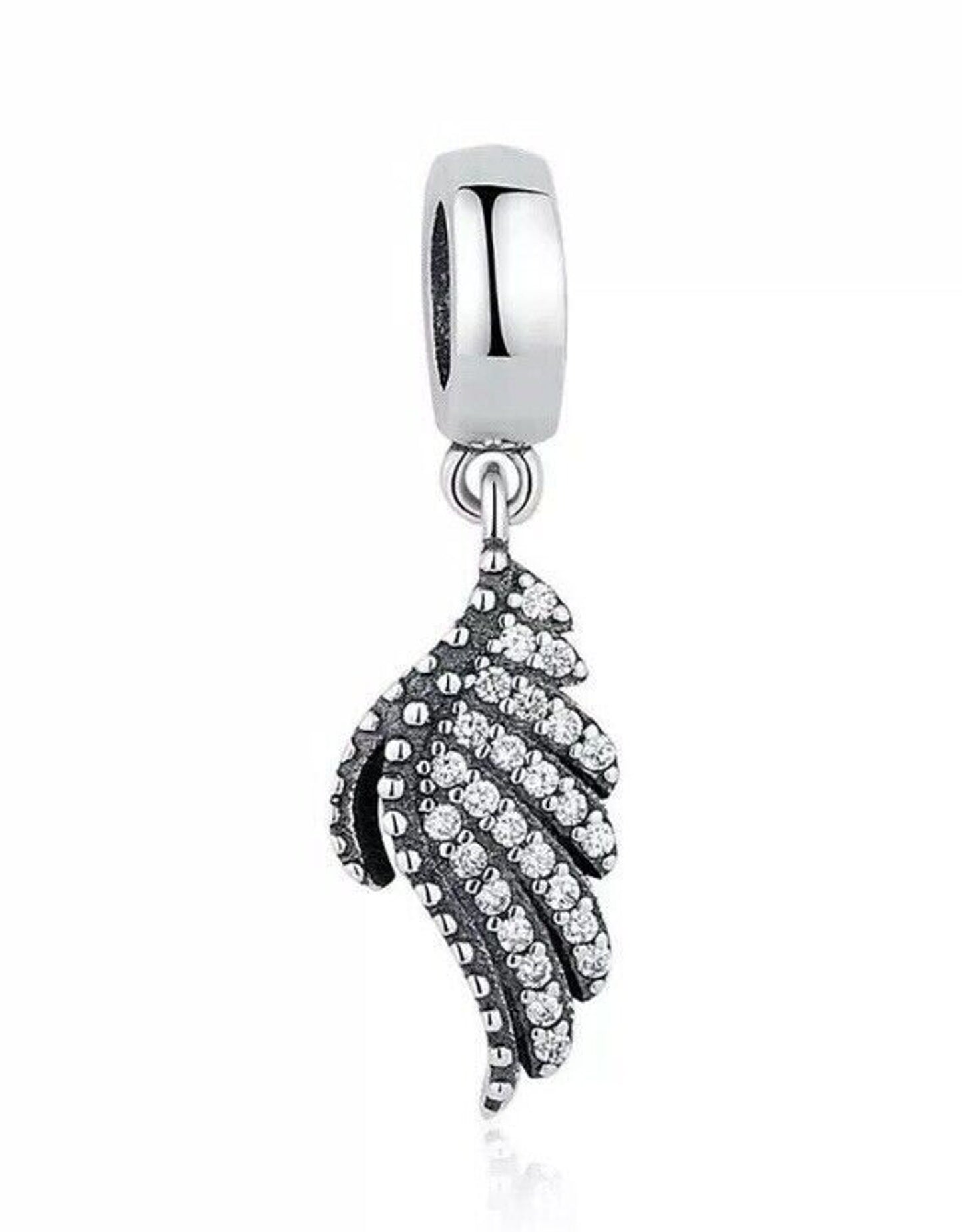 Sparkly Majestic Feather Angel Wing S925 Sterling Silver Dangle Charm