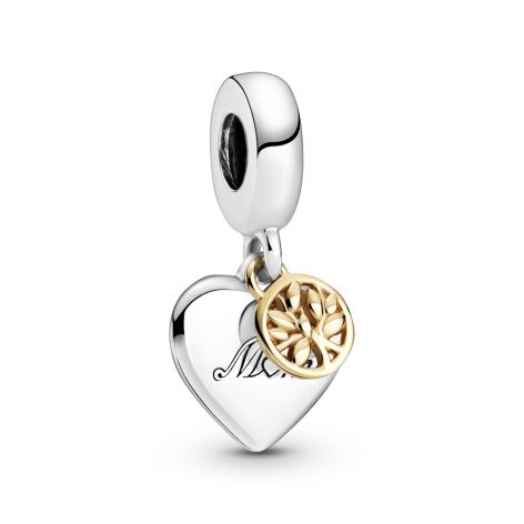 Two Tone Family Tree Mom Heart Dangle Charm Hallmarked S925 Sterling Silver