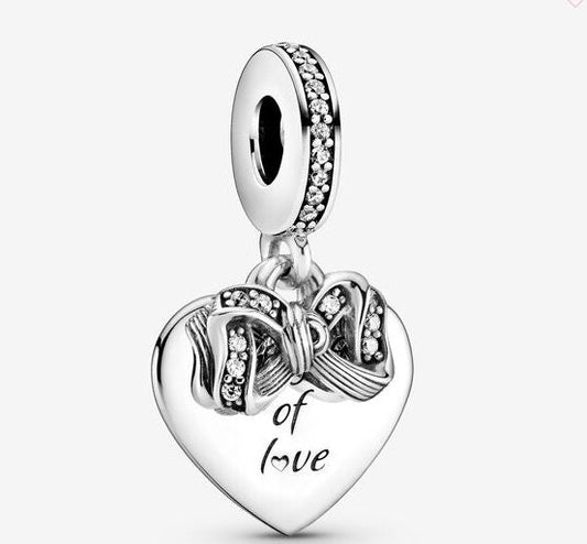 Bow & Love Heart Dangle Charm S925 Hallmarked Compatible Sterling Silver Charm