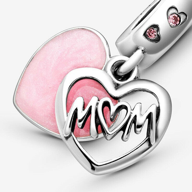 Mom Script Heart Dangle Charm Hallmarked S925 Sterling Silver