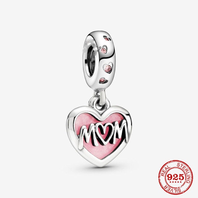 Mom Script Heart Dangle Charm Hallmarked S925 Sterling Silver