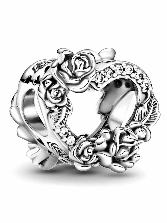 Open Heart & Rose Flower Charm Hallmarked S925 Sterling Silver
