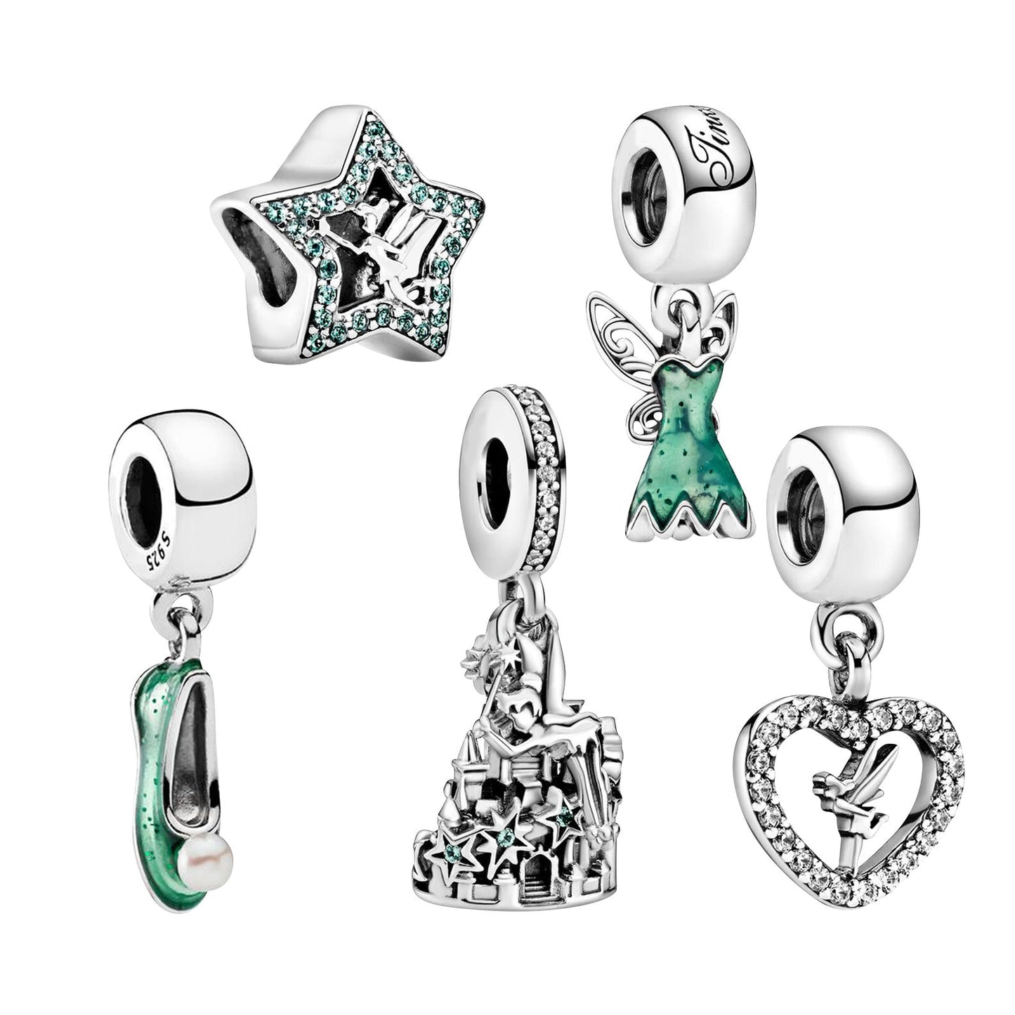 S925 Disney Tinkerbell Star Shoe Castle Sterling Silver Charms Collection